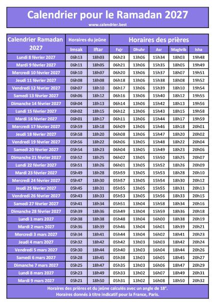 Calendrier Ramadan 2027 à imprimer avec les horaires du jeûne (Imsak et Iftar) et des 5 prières quotidiennes (Fajr, Dhuhr, Asr, Maghrib, Isha), thème violet
