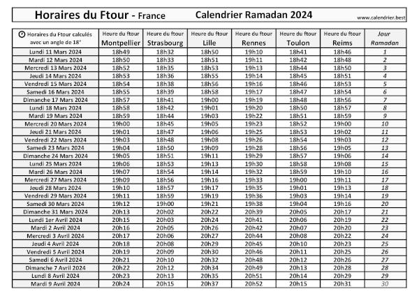 Calendrier pour le mois de ramadan 2024 avec les heures du ftour pour Montpellier, Strasbourg, Lille, Rennes, Toulon, Reims. Heures du Ftour pour le mois de ramadan 2024 à télécharger et imprimer
