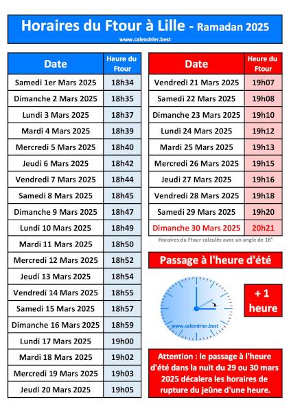 Calendrier pour le mois de ramadan 2025 avec les horaires du ftour pour Lille. Horaires du Ftour à Lille pour le mois de ramadan 2025 : calendrier à télécharger et imprimer