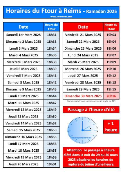 Horaires du Ftour à Reims pour le mois de ramadan 2025 : calendrier à télécharger et imprimer