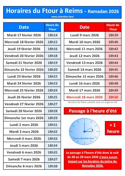 Horaires du Ftour à Reims pour le mois de ramadan 2026 : calendrier à télécharger et imprimer