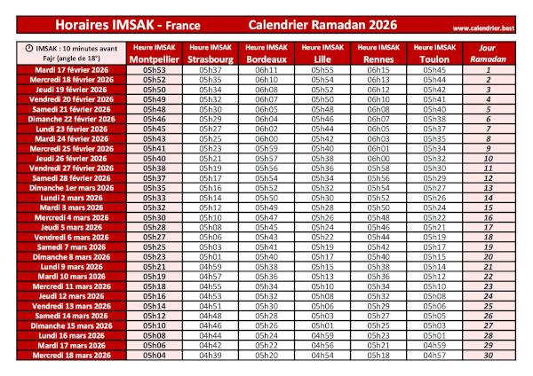 Calendrier pour le mois de ramadan 2026 avec les heures de l'Imsak pour Montpellier, Strasbourg, Bordeaux, Lille, Rennes, Toulon. Heures de l'Imsak pour le mois de ramadan 2026 à télécharger et imprimer