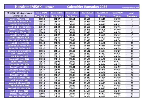 Calendrier pour le mois de ramadan 2026 avec les heures de l'Imsak pour Montpellier, Strasbourg, Bordeaux, Lille, Rennes, Toulon. Heures de l'Imsak pour le mois de ramadan 2026 à télécharger et imprimer