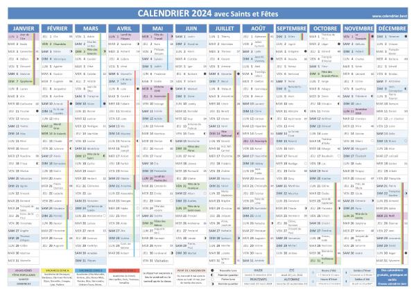 Calendrier 2024 avec Saints et fêtes