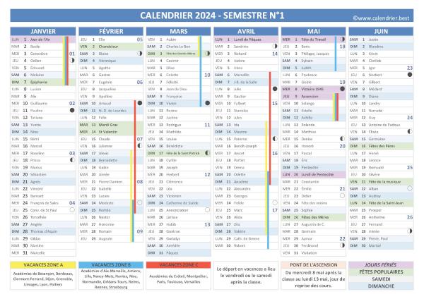Calendrier 2024 avec fêtes et Saints du jour, vacances scolaires, jours fériés, lunaisons, 1er semestre