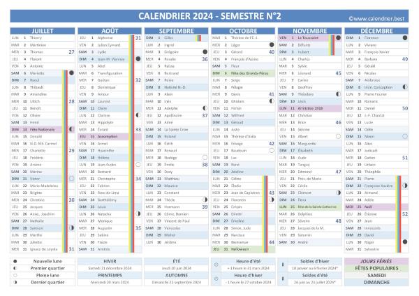 Calendrier 2024 avec fêtes et Saints du jour, vacances scolaires, jours fériés, lunaisons, 2ème semestre