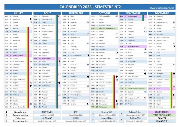 Calendrier 2025 avec fêtes et Saints du jour, vacances scolaires, jours fériés, lunaisons, 2ème semestre