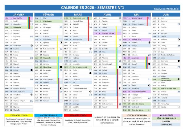 Modèle complet avec Saints et fêtes, format A4 paysage, semestre N°1 Calendrier 2026 avec fêtes et Saints du jour, vacances scolaires, jours fériés, lunaisons, 1er semestre
