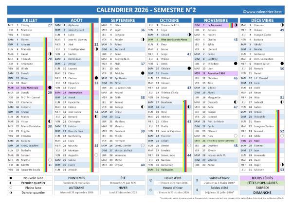 Modèle complet avec Saints et fêtes, format A4 paysage, semestre 2 Calendrier 2026 avec fêtes et Saints du jour, vacances scolaires, jours fériés, lunaisons, 2ème semestre