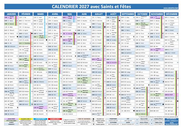 Calendrier des saints 2027 avec fêtes des prénoms à télécharger et imprimer
