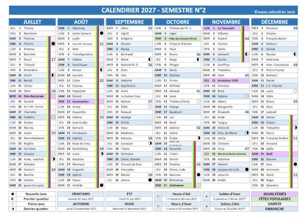 Calendrier des saints du deuxième semestre 2027 à télécharger et imprimer
