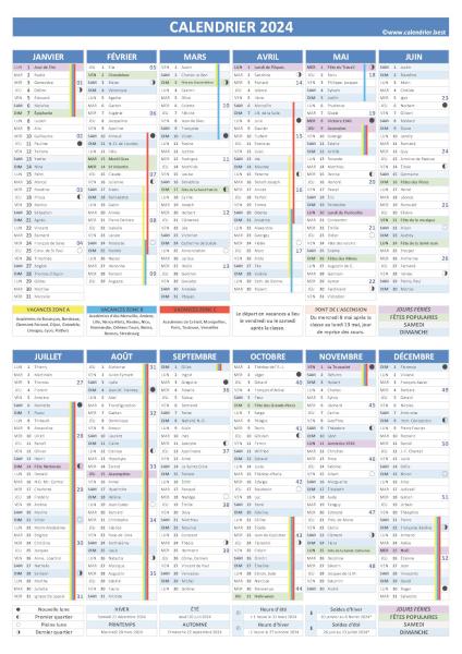 Calendrier 2024 avec fêtes et Saints du jour, vacances scolaires, jours fériés, numéros de semaines, phases de lune et dates des soldes et des saisons