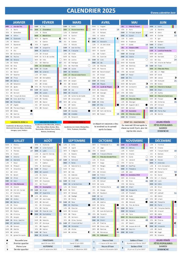 Calendrier 2025 avec fêtes et Saints du jour, vacances scolaires, jours fériés, numéros de semaines, phases de lune et dates des soldes et des saisons