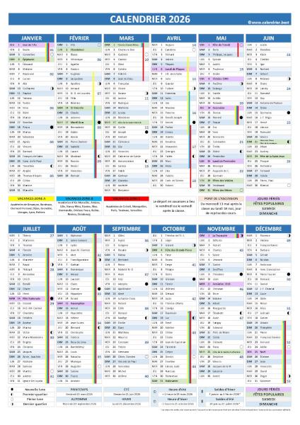 Calendrier 2026 complet à imprimer avec les fêtes et les saints du jour, format A4 portrait, format annuel, 1 page Calendrier 2026 avec fêtes et Saints du jour, vacances scolaires, jours fériés, numéros de semaines, phases de lune et dates des soldes et des saisons