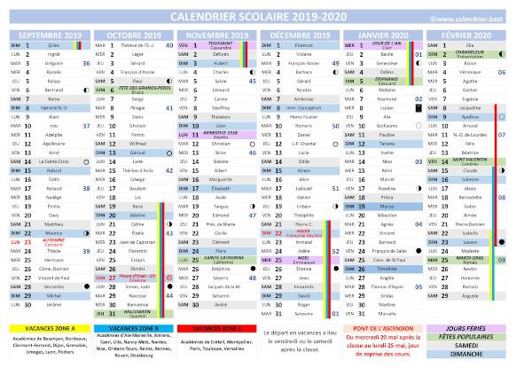 Calendrier scolaire 2019 et 2020 à imprimer, modèle complet avec dates des vacances pour les zones a, b et c, jours fériés, saints et de nombreuses autres informations utiles.