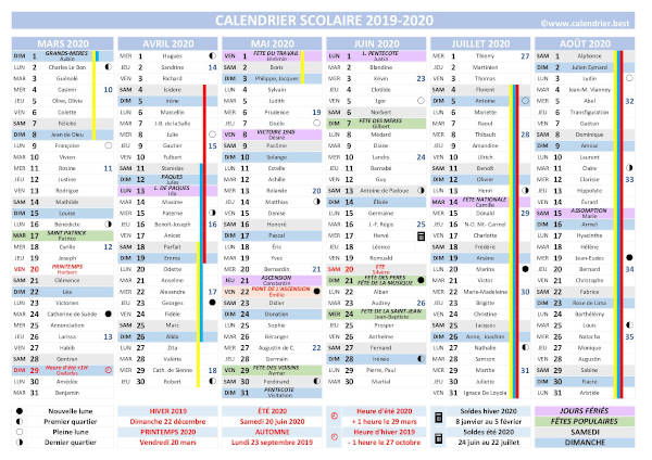 Calendrier scolaire 2019 et 2020, modèle complet avec dates des vacances pour les zones a, b et c, jours fériés, saints et de nombreuses autres informations utiles.