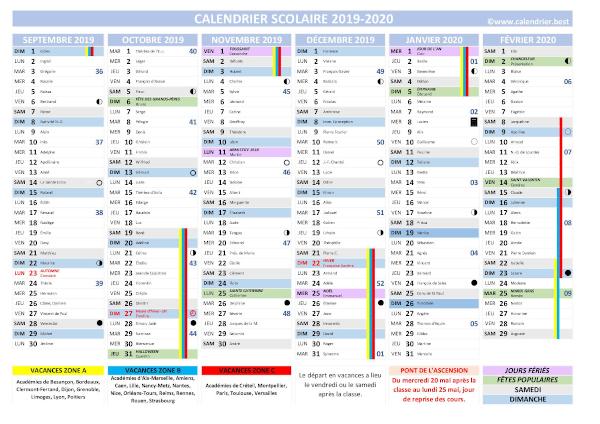 Calendrier scolaire 2019-2020, modèle complet avec dates des vacances pour les zones a, b et c, jours fériés, saints et de nombreuses autres informations utiles.