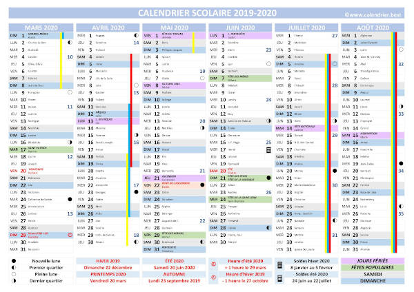 Calendrier scolaire 2019-2020, modèle complet avec dates des vacances pour les zones a, b et c, jours fériés, saints et de nombreuses autres informations utiles.