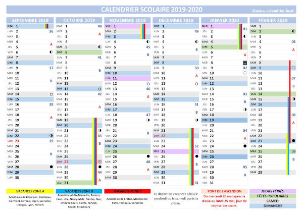 calendrier scolaire 2019-2020 à télécharger, modèle complet en version vierge, semestre 1, semaine a et b