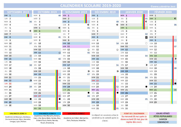 calendrier scolaire 2019-2020 à télécharger, modèle complet en version vierge, semestre 1