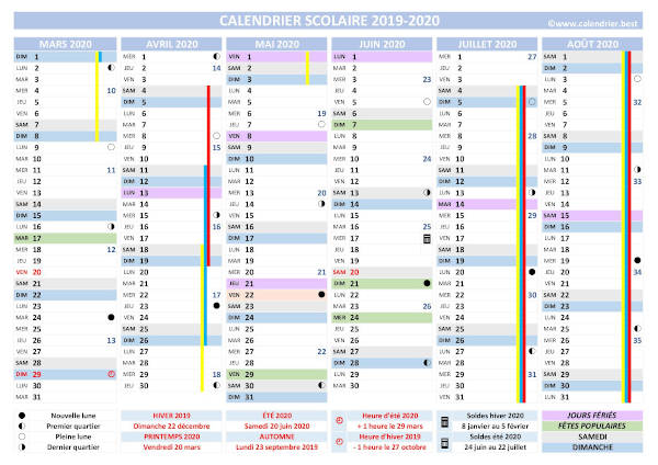 calendrier scolaire 2019-2020 à télécharger, modèle complet en version vierge, semestre 2