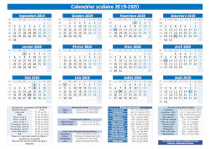 Calendrier scolaire 2019-2020, modèle pratique bleu avec dates des vacances. Orientation paysage.