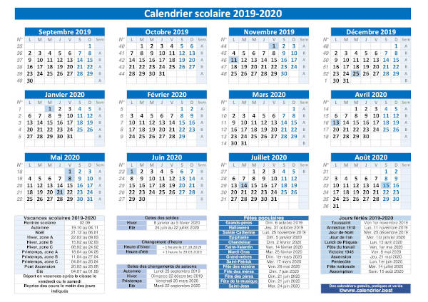 calendrier scolaire 2019-2020 avec semaine a et b, jours fériés, dates des vacances, fêtes populaires