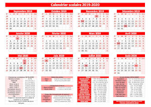 Calendrier scolaire 2019-2020, modèle pratique rouge avec dates des vacances. Orientation paysage.
