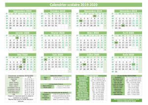 Calendrier scolaire 2019-2020, modèle pratique vert avec dates des vacances. Orientation paysage.
