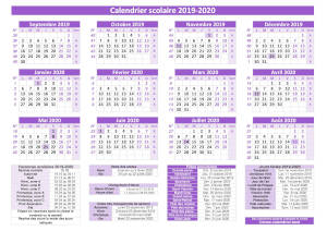 Calendrier scolaire 2019-2020, modèle pratique violet avec dates des vacances. Orientation paysage.