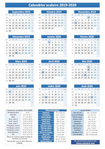Calendrier scolaire 2019-2020, modèle pratique bleu avec dates des vacances. Orientation portrait.