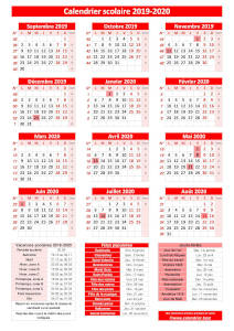 Calendrier scolaire 2019-2020, modèle pratique rouge avec dates des vacances. Orientation portrait.