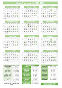 Calendrier scolaire 2019-2020, modèle pratique vert avec dates des vacances. Orientation portrait.