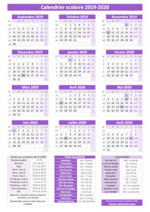 Calendrier scolaire 2019-2020, modèle pratique violet avec dates des vacances. Orientation portrait.