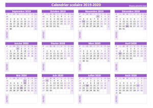 Calendrier scolaire vierge 2019-2020 à imprimer avec espace bloc-notes disponible sous chaque mois