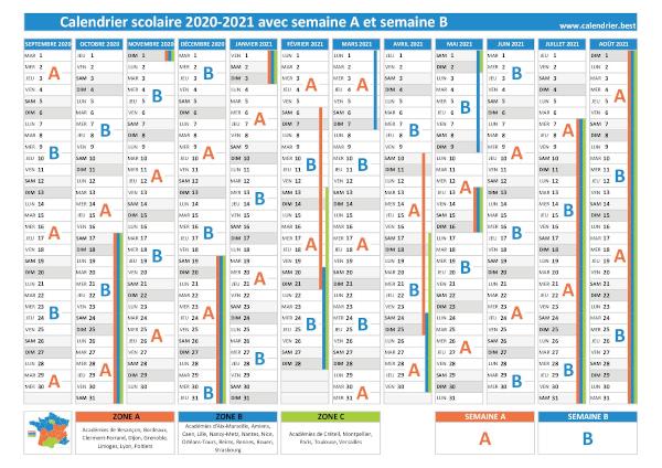 Calendrier scolaire 2020-2021 avec semaine A en rouge et semaine B en bleu