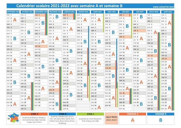 Calendrier scolaire 2021-2022 avec semaine A en orange et semaine B en bleu