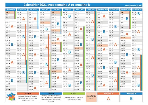 Calendrier 2021 avec l'alternance des semaines A et B à télécharger et imprimer. Calendrier 2021 avec semaine A et semaine B