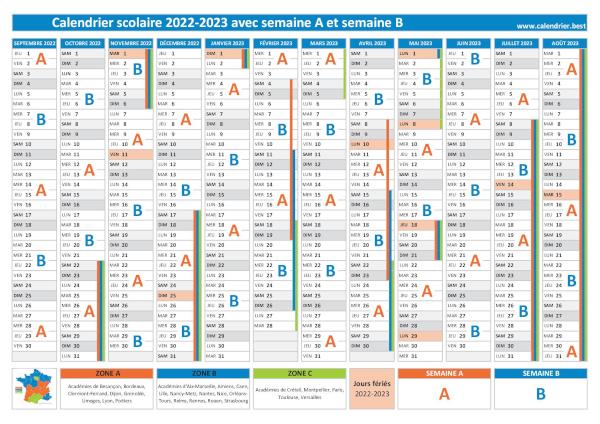 Calendrier scolaire 2022-2023 avec semaine A et semaine B