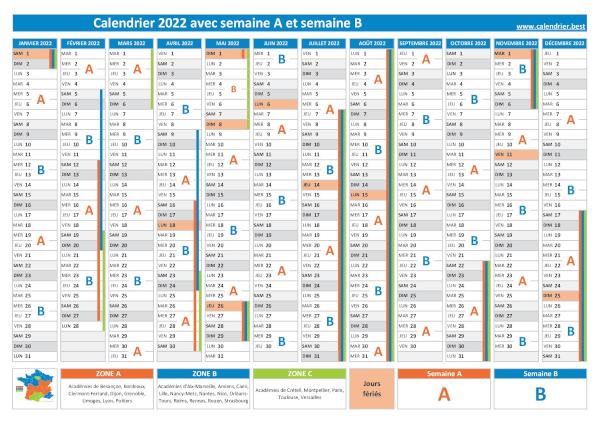 Calendrier 2022 avec semaine A et semaine B