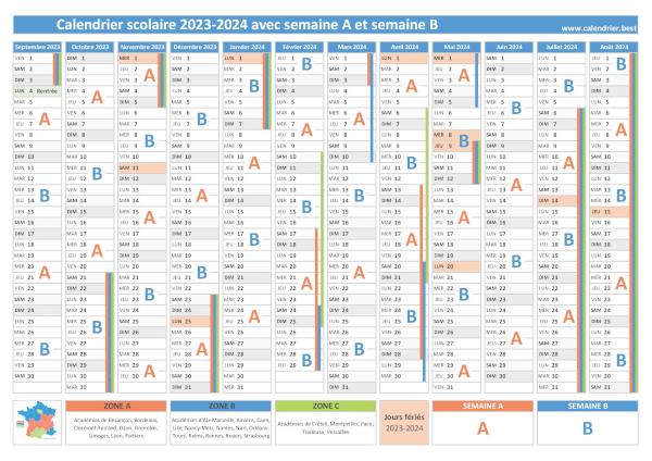 Calendrier scolaire 2023-2024 avec semaine A et semaine B