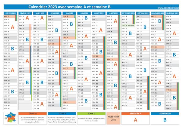 Calendrier 2023 avec semaine A et semaine B