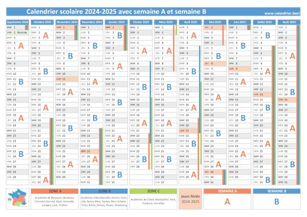 Calendrier scolaire 2024-2025 avec semaine A et semaine B