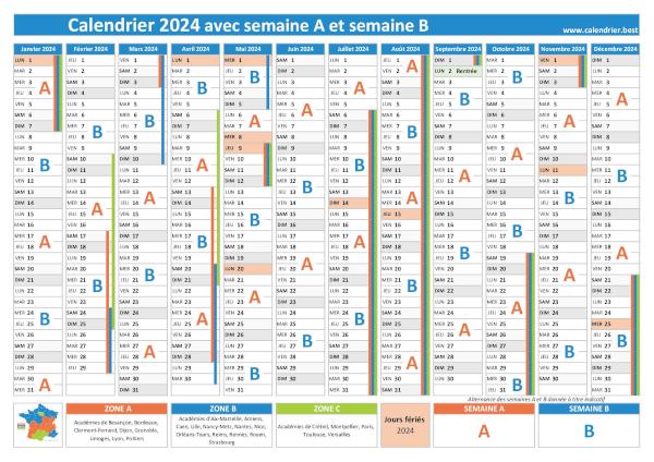 Calendrier 2024 avec semaine A et semaine B