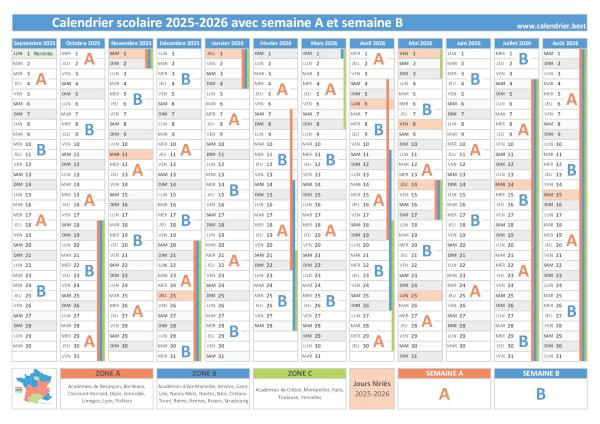 Calendrier scolaire 2025-2026 avec semaine A et semaine B