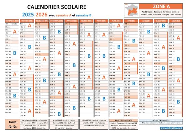 Calendrier scolaire 2025-2026 - Zone A avec semaines A/B, vacances et jours fériés à imprimer en PDF ou JPG Calendrier scolaire 2025-2026 pour la zone A avec semaines A et B, vacances et jours fériés à télécharger et imprimer