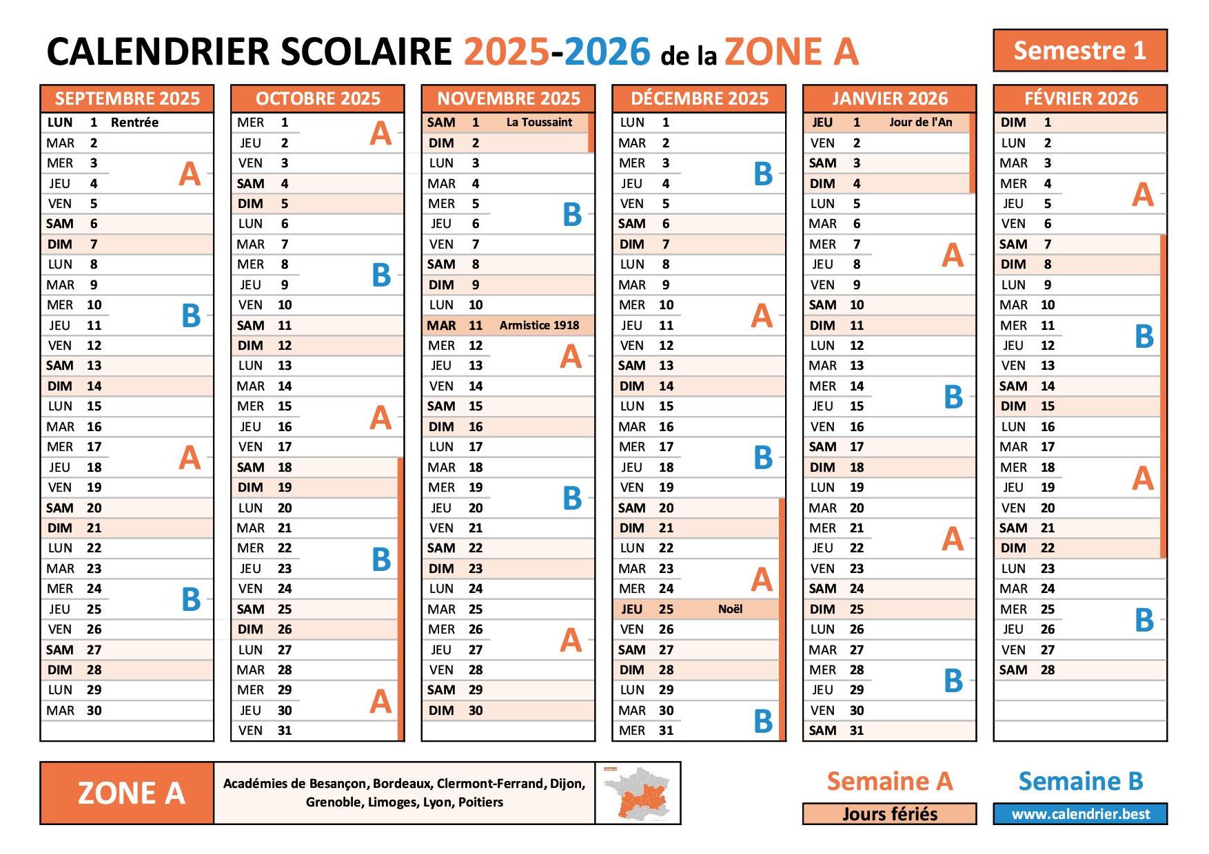 Calendrier scolaire 2025-2026 - Zone A - semestre 1 avec semaines A/B, vacances et jours fériés à imprimer en PDF ou JPG Calendrier scolaire 2025-2026 - semestre 1 - Zone A avec semaines A et B, vacances et jours fériés à imprimer