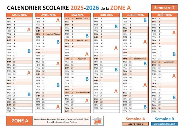 Calendrier scolaire fin d'année 2026 Dijon avril à juillet semaines A B