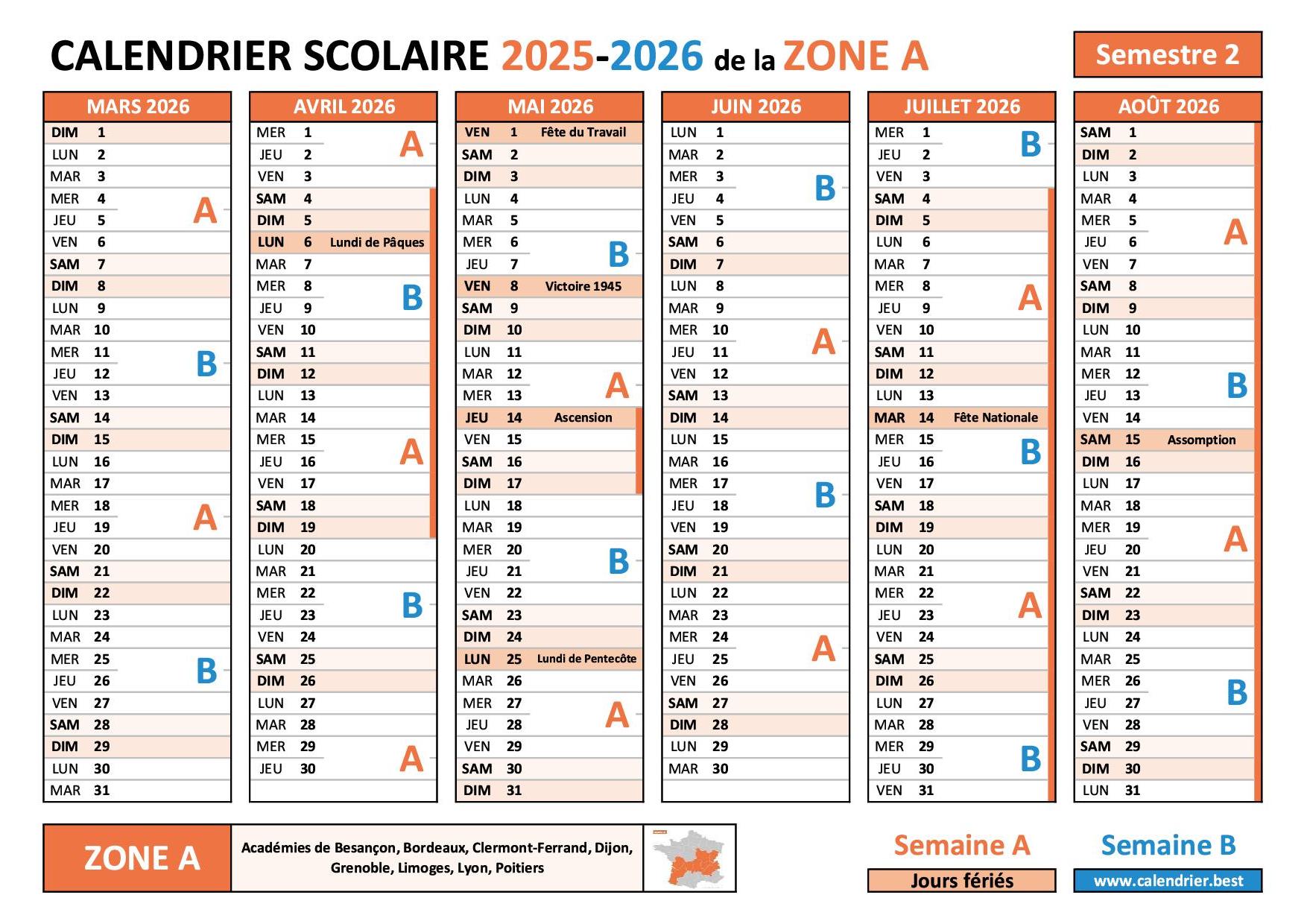 Calendrier scolaire 2025-2026 - Zone A - semestre 2 avec semaines A/B, vacances et jours fériés à imprimer en PDF ou JPG Calendrier scolaire 2025-2026 - semestre 2 - Zone A avec semaines A et B, vacances et jours fériés à imprimer