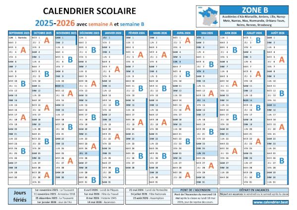 Calendrier scolaire 2025-2026 pour la zone B avec semaines A et B, vacances et jours fériés à télécharger et imprimer